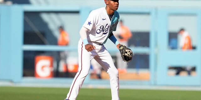 Darren Baker of the Wilmington Blue Rocks (Nationals) in the sixth inning of an MLB All-Star Futures game at Dodger Stadium in Los Angeles July 16, 2022. 