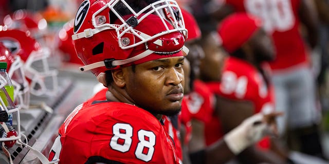 Georgia Bulldogs defensive lineman Jalen Carter, #88, against the TCU Horned Frogs during the CFP national championship game at SoFi Stadium in Inglewood, California, Jan. 9, 2023.