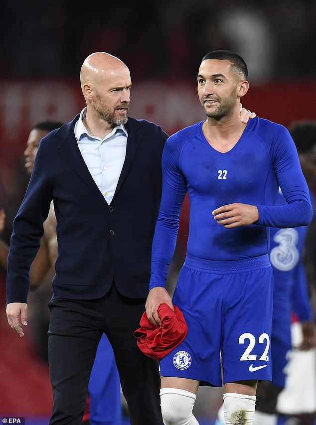 Manchester United boss Erik ten Hag with Hakim Ziyech after the victory over Chelsea