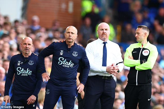 Everton's coaching staff Steve Stone (left), Ian Woan (second from left) and Sean Dyche (second from right) have become known as Stone, Woan and Moan by some referees